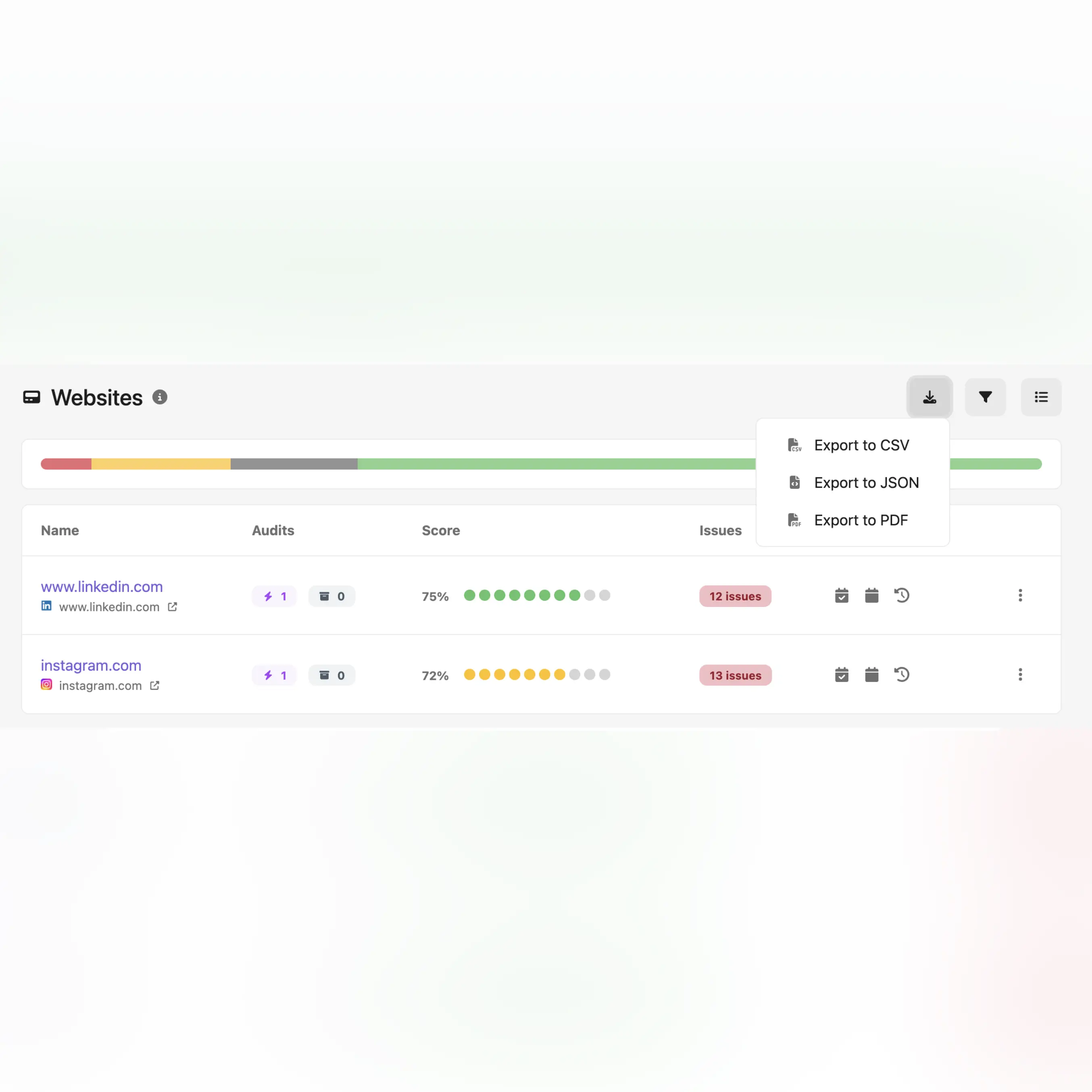 Screenshot of the app CSV, PDF, CSV exporting features